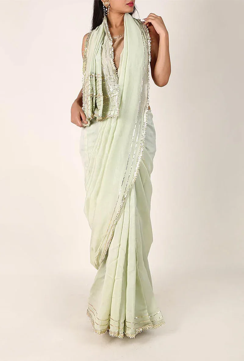 Pastel Green Chanderi Silk Cotton Saree with Gota Embroidery
