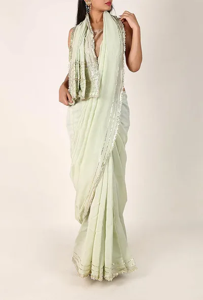 Pastel Green Chanderi Silk Cotton Saree with Gota Embroidery