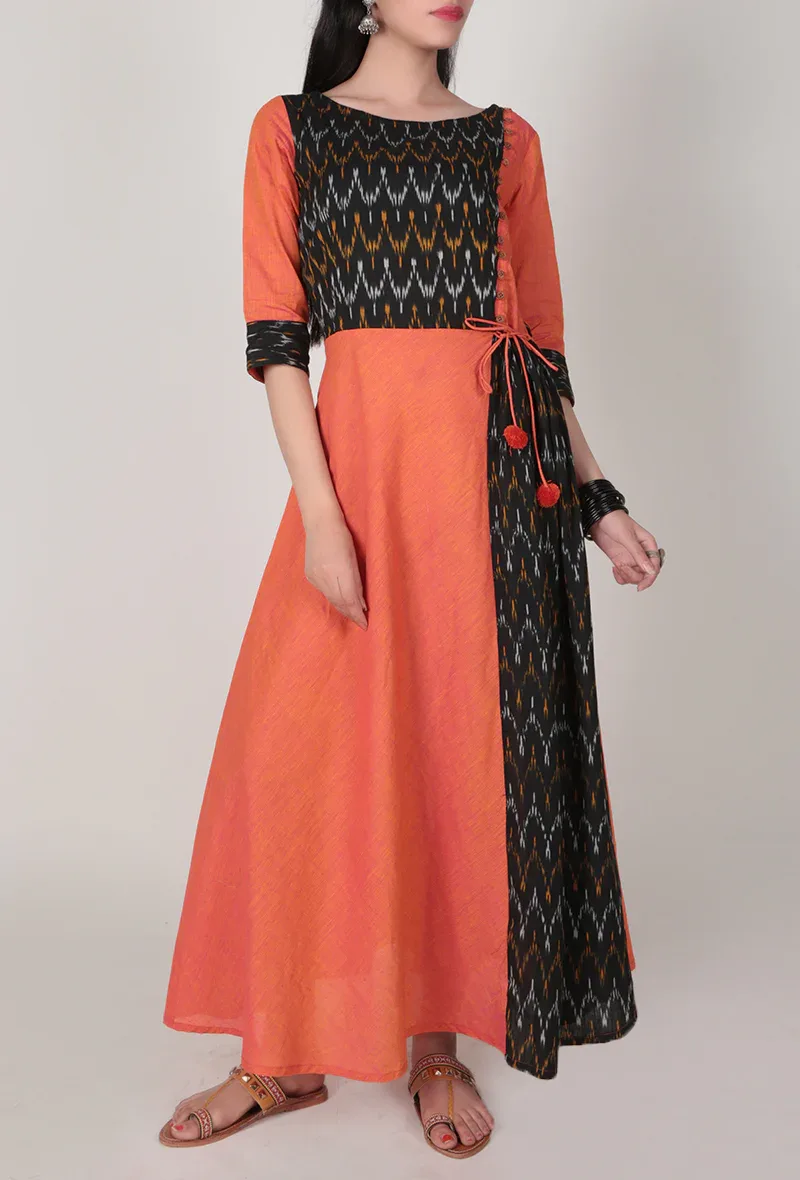 Side Button Orange and Black Ikat Maxi dress