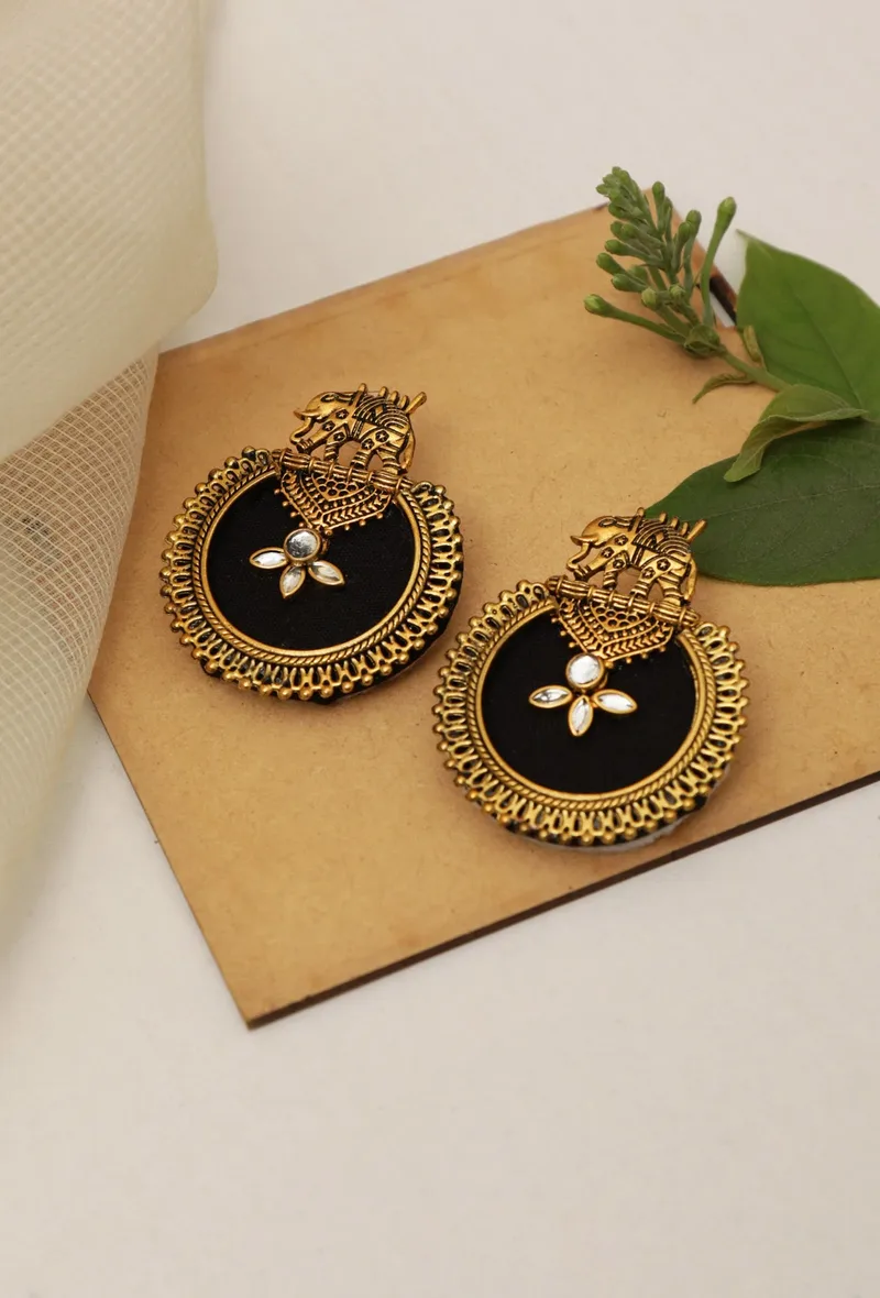 Handcrafted Designer Elephant Shaped Stone Work Fabric Earring