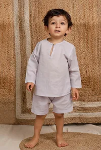 Set Of 2: Light Grey Mul Mul Short Kurta With Light Grey Short image 1