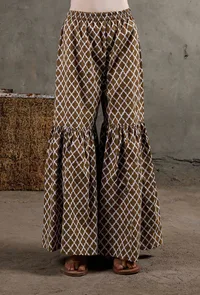 White And Brown Hand Block Printed Cotton Shararas image 1