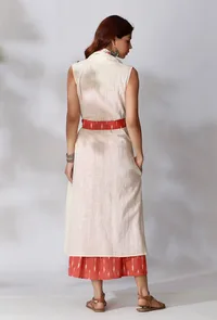 Off White Sleeveless Shrug With Orange Ikkat Detailing And Orange Ikkat Belt image 3