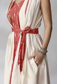 Off White Sleeveless Shrug With Orange Ikkat Detailing And Orange Ikkat Belt image 4