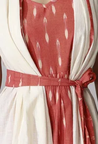 Off White Sleeveless Shrug With Orange Ikkat Detailing And Orange Ikkat Belt image 5