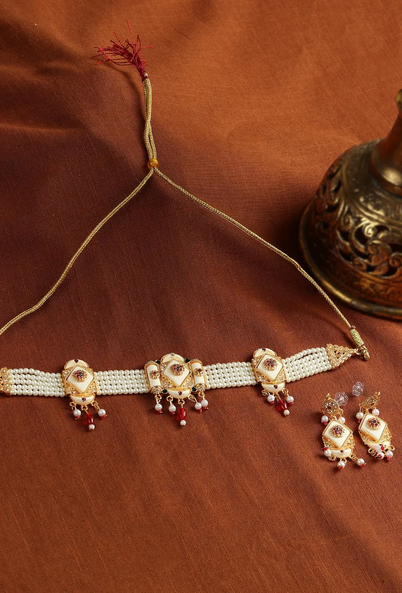 Rajwada Ivory Meenakari Pearl Jewelry Set