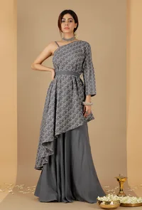 Set Of 2: Bandhani One-Shoulder Asymmetrical Kurta & Skirt image 1