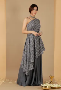 Set Of 2: Bandhani One-Shoulder Asymmetrical Kurta & Skirt image 3