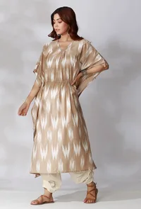 Set Of 2- Beige Kaftan Ikkat Kurta with Off White Dhoti Pants image 1