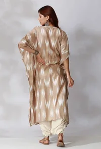 Set Of 2- Beige Kaftan Ikkat Kurta with Off White Dhoti Pants image 4