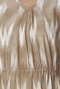 Set Of 2- Beige Kaftan Ikkat Kurta with Off White Dhoti Pants image 5