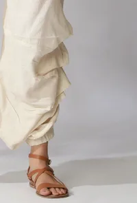 Set Of 2- Beige Kaftan Ikkat Kurta with Off White Dhoti Pants image 6