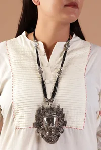 German Silver Durga Pendant With Black Bead Thread Necklace image 6