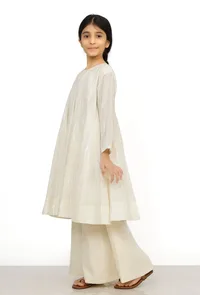 Set of 2: Noor White Cotton Anarkali Kurti with Flared Pants image 1