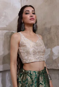 Ivory Banarasi Jacquard Crop Top With Tassels image 1