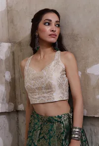 Ivory Banarasi Jacquard Crop Top With Tassels image 2