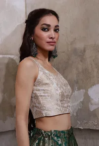 Ivory Banarasi Jacquard Crop Top With Tassels image 4