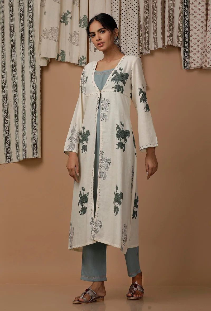 Set of 3 : Off White Floral Handblock Cotton Flex Cape and Powdered Blue Cotton Slip and Cotton Pants