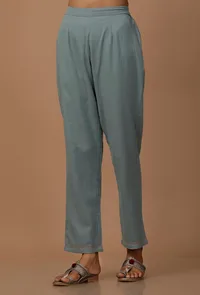 Set of 3 : Off White Floral Handblock Cotton Flex Cape and Powdered Blue Cotton Slip and Cotton Pants image 3