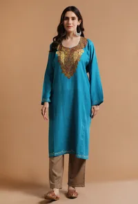 Curious Blue Kashmiri Sozni Embroidery Phiran-Free Size image 1