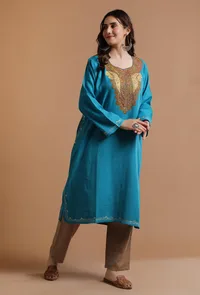 Curious Blue Kashmiri Sozni Embroidery Phiran-Free Size image 2