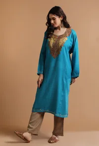 Curious Blue Kashmiri Sozni Embroidery Phiran-Free Size image 3