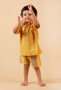 Set Of 2: Yellow Woven Shirt With Yellow Striped Woven Short image 2