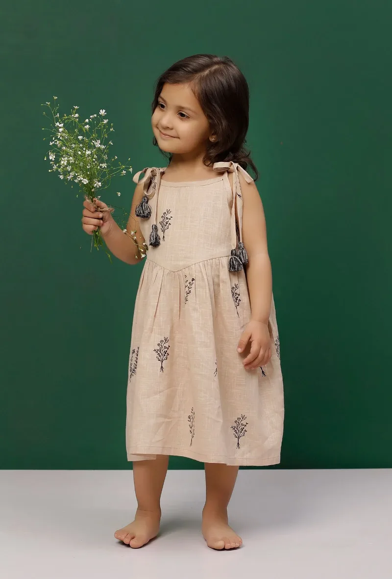 Beige Tie-Up Block Printed Cotton Slub Gathered Dress