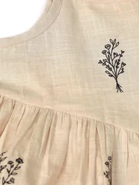 Beige Tie-Up Block Printed Cotton Slub Gathered Dress image 4