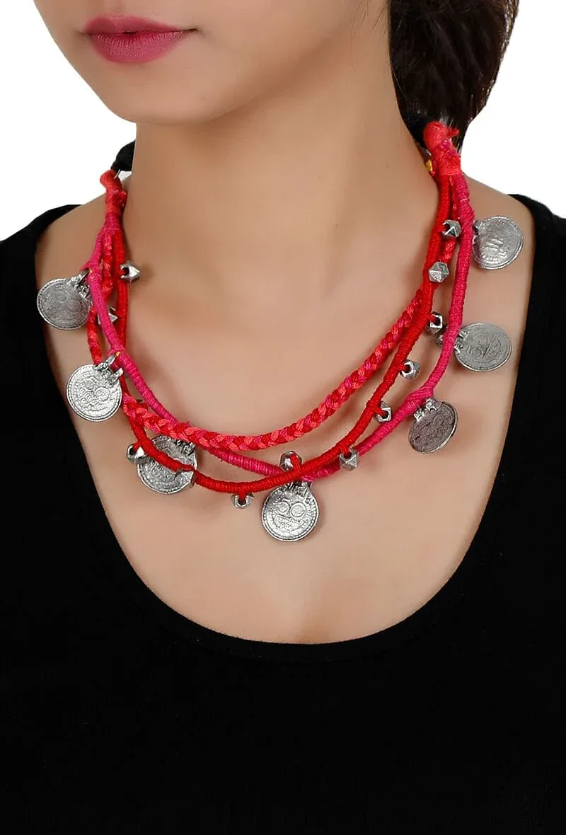 Red-Pink Threaded German Silver Necklace