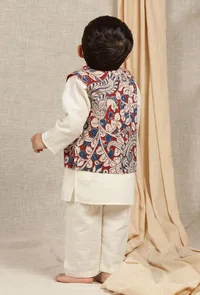 Set Of 3: Angad Off-white Cotton Kurta, Pyjama & Beige Cream Kalamkari Nehru Jacket image 4