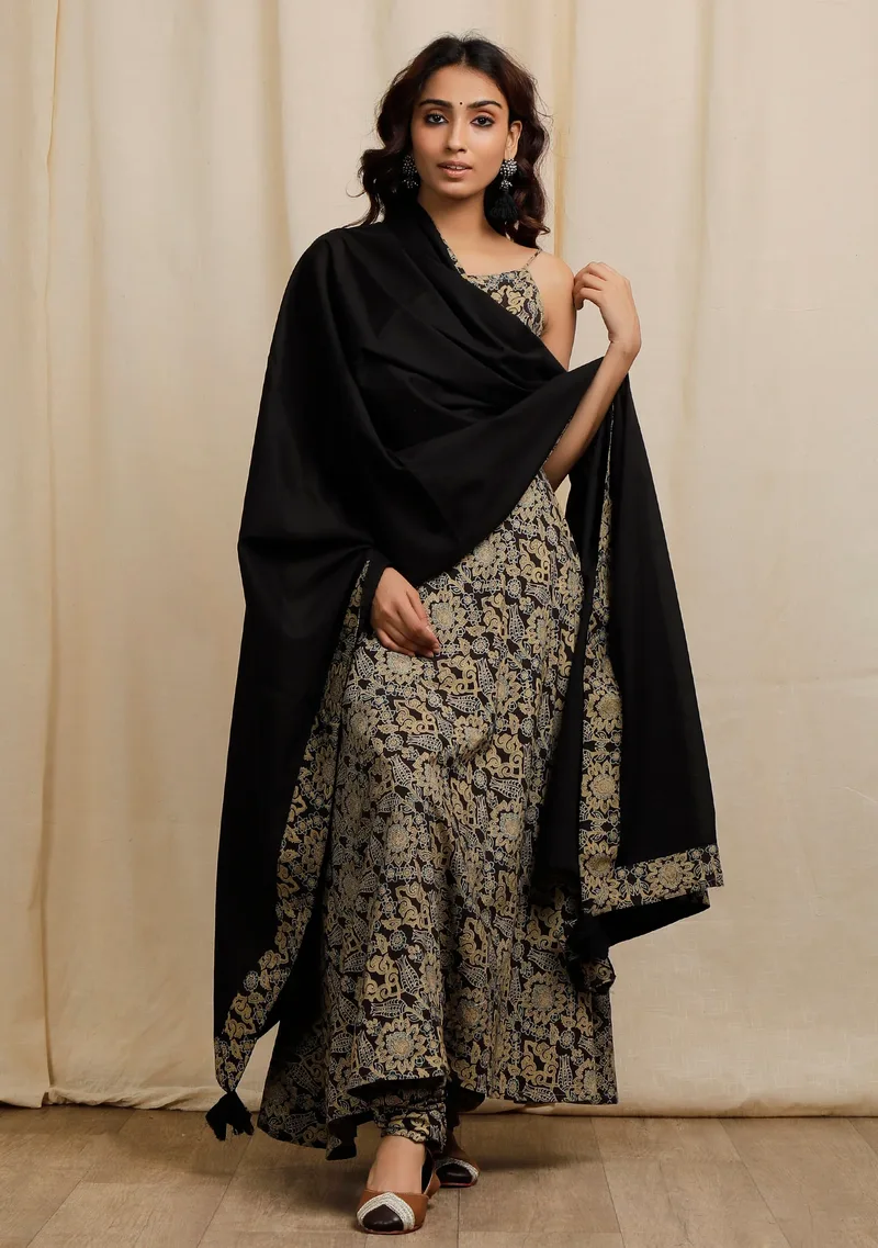 Set of 3:  Blue Ajrakh Print Slip Flared Kurta Black With Cotton Plain Dupatta with Ajrakh Print Churidar