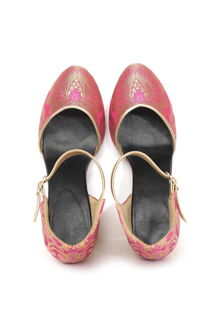 Yellow and Pink Brocade Block Heels