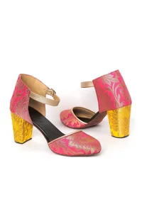 Yellow and Pink Brocade Block Heels image 2