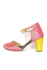 Yellow and Pink Brocade Block Heels image 3