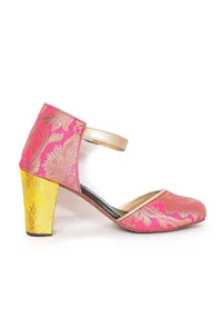 Yellow and Pink Brocade Block Heels image 4