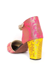 Yellow and Pink Brocade Block Heels image 6