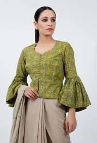 Light Green Ajrakh Hand Block Printed Cotton Blouse image 1