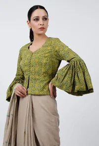Light Green Ajrakh Hand Block Printed Cotton Blouse image 2