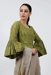 Light Green Ajrakh Hand Block Printed Cotton Blouse image 3