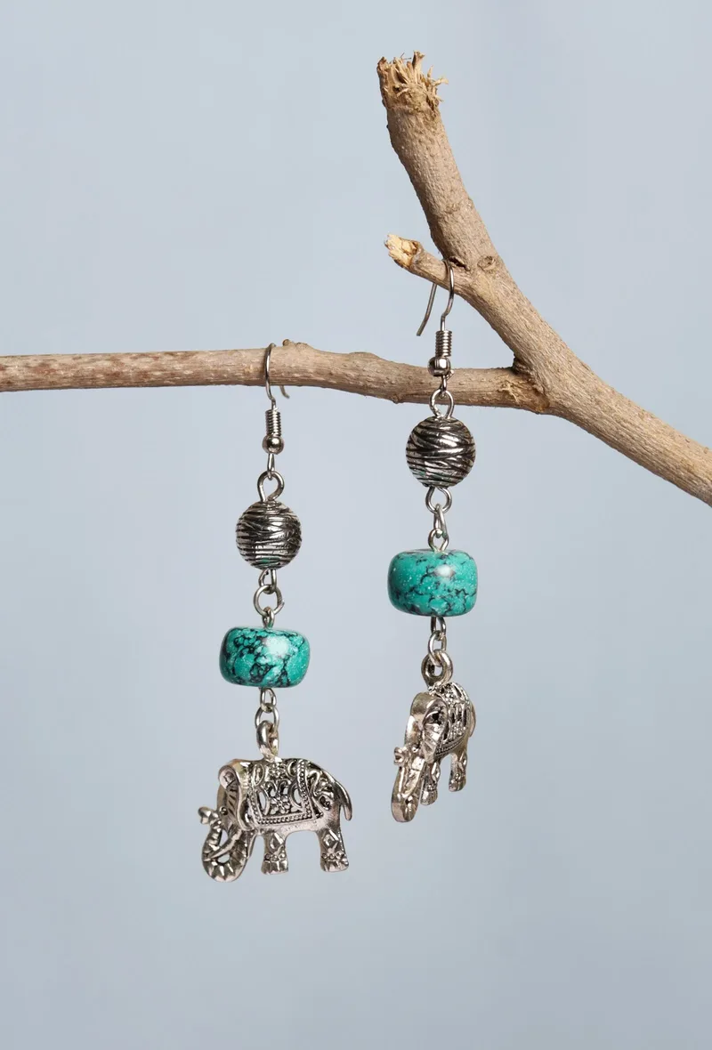 Turquoise Stone With Elephant Charm Dangler Earring.
