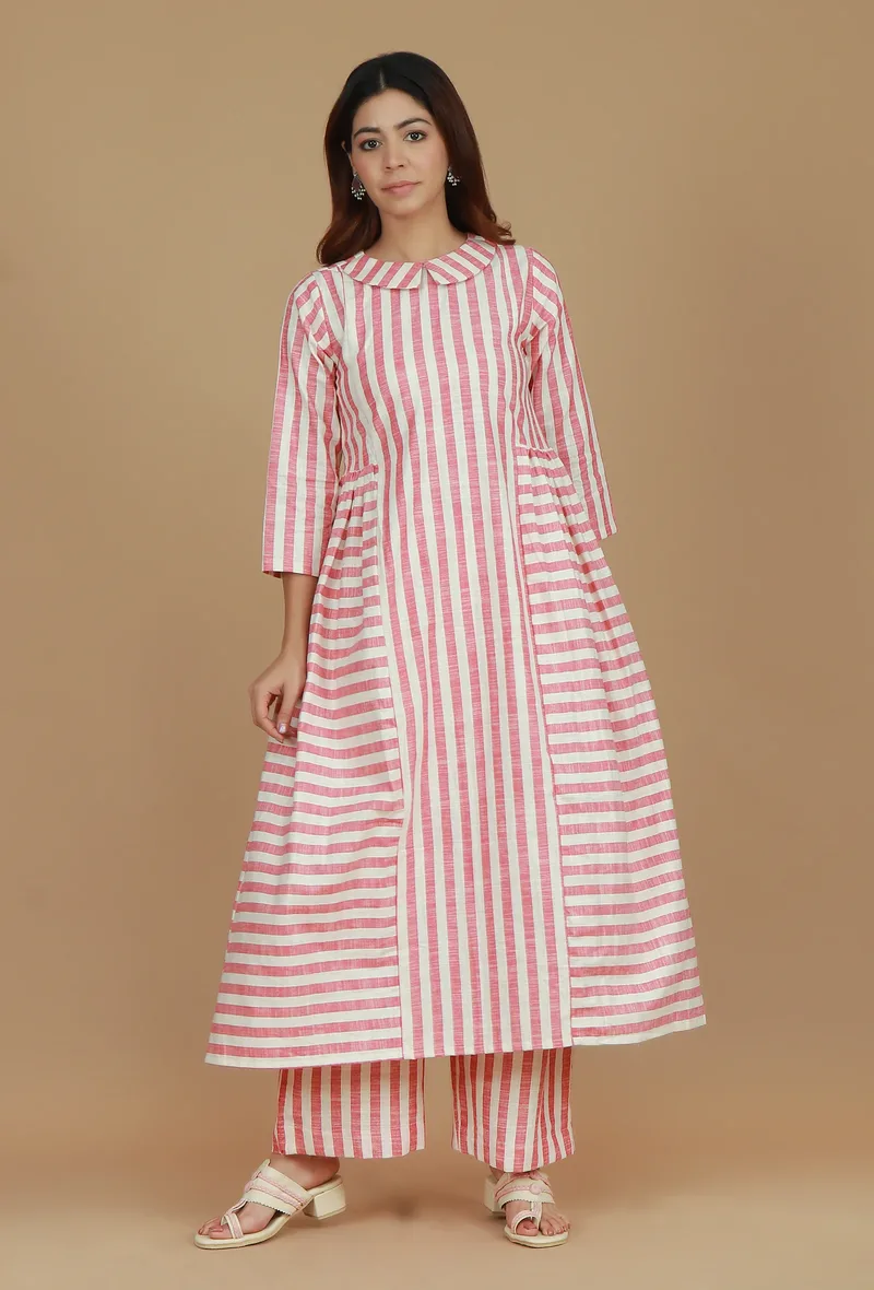Pink & White Striped Cotton Viscose Kurta