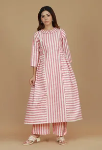 Pink & White Striped Cotton Viscose Kurta image 1