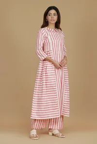 Pink & White Striped Cotton Viscose Kurta image 2