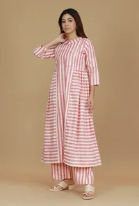 Pink & White Striped Cotton Viscose Kurta image 3
