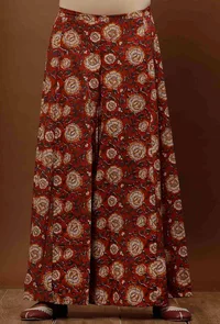 Rust Red Kalamkari Cotton Flared Pants image 1