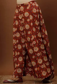 Rust Red Kalamkari Cotton Flared Pants image 2
