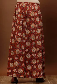 Rust Red Kalamkari Cotton Flared Pants image 3