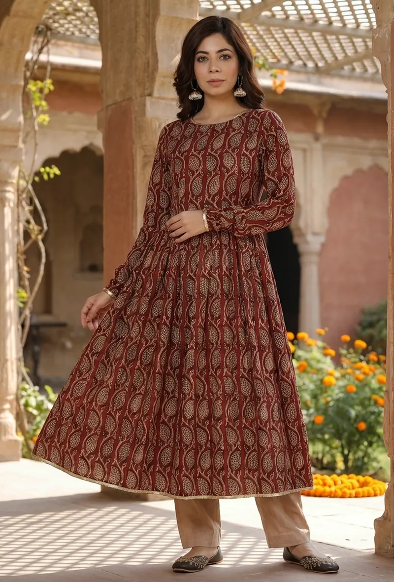 Maroon Elegance Handblock Printed Cotton Kurta