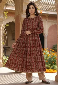 Maroon Elegance Handblock Printed Cotton Kurta image 1